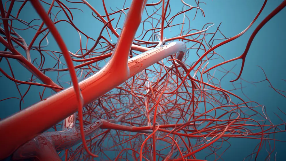 Système vasculaire agrandi montrant des veines rouges sur fond bleu.