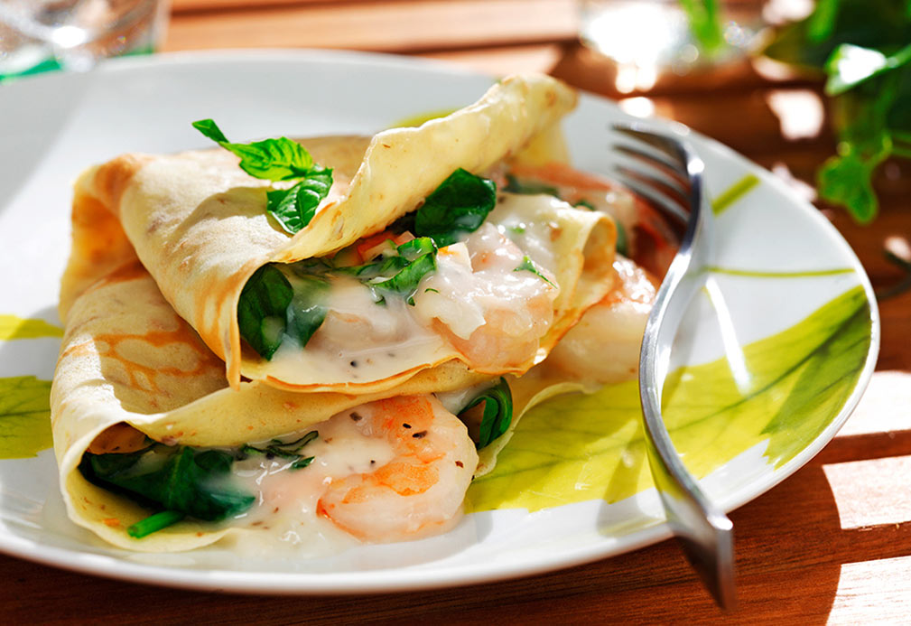 Crêpes farcies aux crevettes, épinards et fines herbes