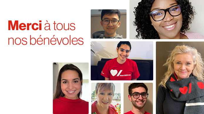 Un collage des bénévoles de Cœur + AVC avec le texte « Merci aux bénévoles! » dans l'encadré du centre.