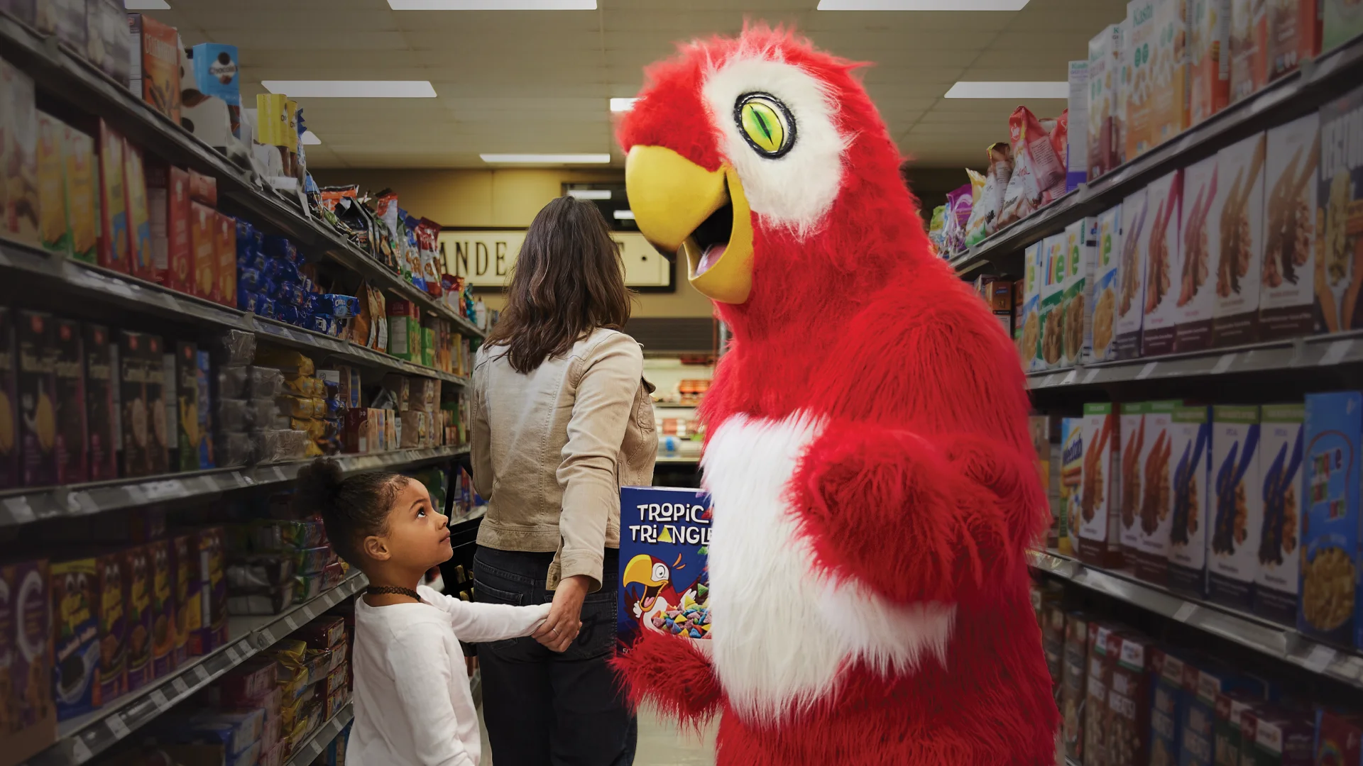 Une personne déguisée en perroquet incite une fille à acheter des céréales à l'épicerie.