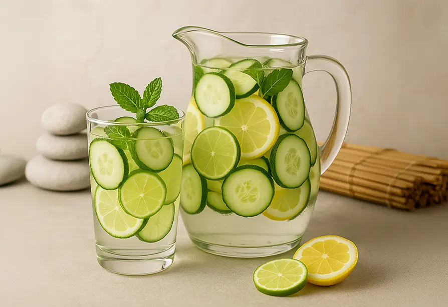 Un pichet et un verre d’eau infusée au concombre, à la lime, au citron et à la menthe, avec en arrière-plan un napperon en bambou et des pierres décoratives.