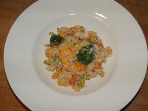 Casserole de poulet et de légumes servi sur une assiette blanche