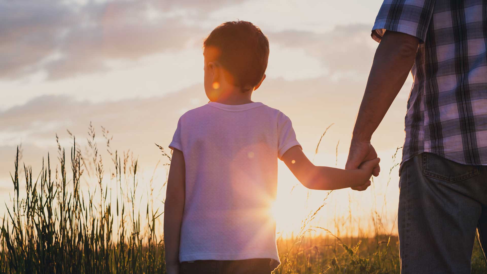 Un père et son fils marchent dans un champ au coucher du soleil.