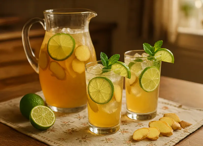 Un pichet transparent et un verre remplis de cocktail au thé à l’hibiscus et de tranches de fruits, sur une table de jardin recouverte d’une nappe fleurie, à côté d’un plateau de fromages et de fruits. 