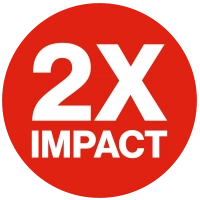 A red button with white text that says 2x Impact