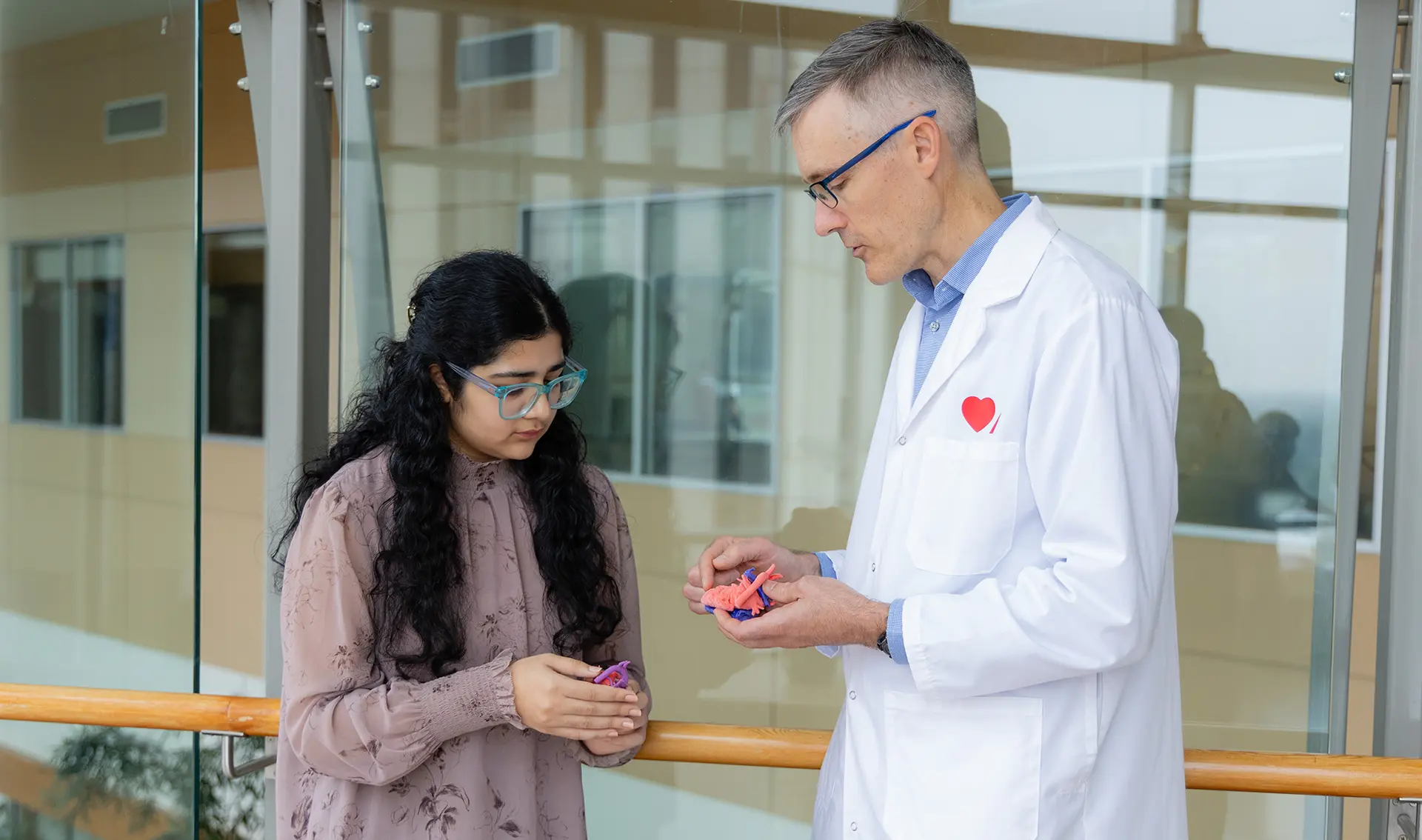 Le Dr Andrew Mackie montre un modèle de cœur à Haima Kapoor, une personne vivant avec une cardiopathie congénitale.