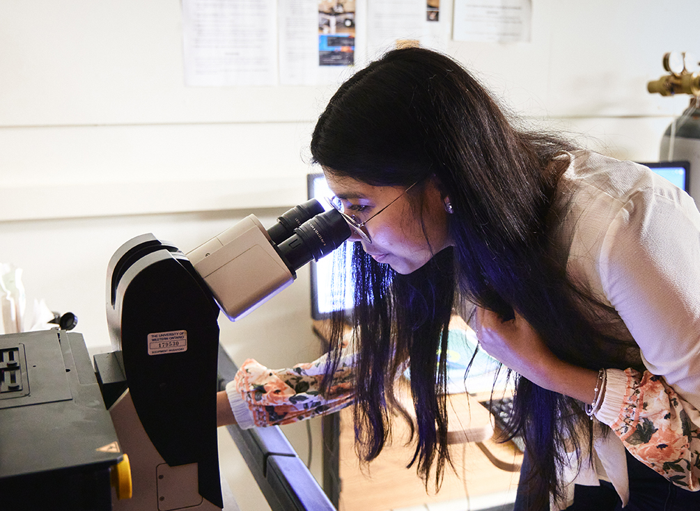 Une étudiante de l’équipe de M. Heit regarde dans un microscope